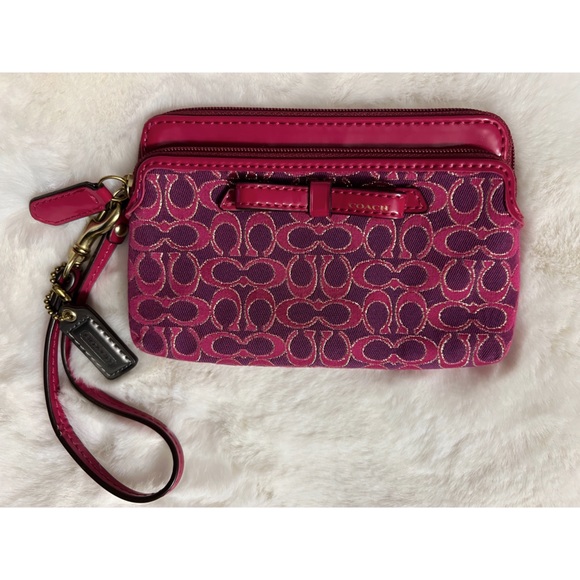Coach Handbags - Coach Signature Wristlet, Fuchsia with Gold Detailing